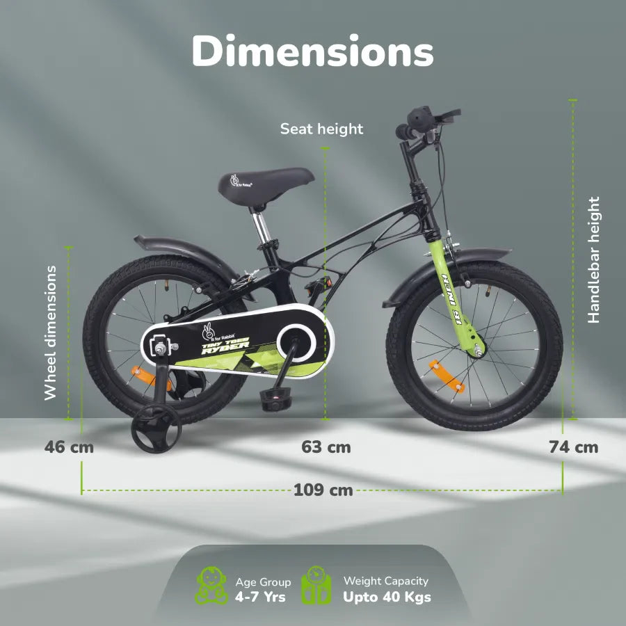Tiny Toes Ryder Bicycle For Kids 16 Inch 90% Plug N Play Installation - Black Green