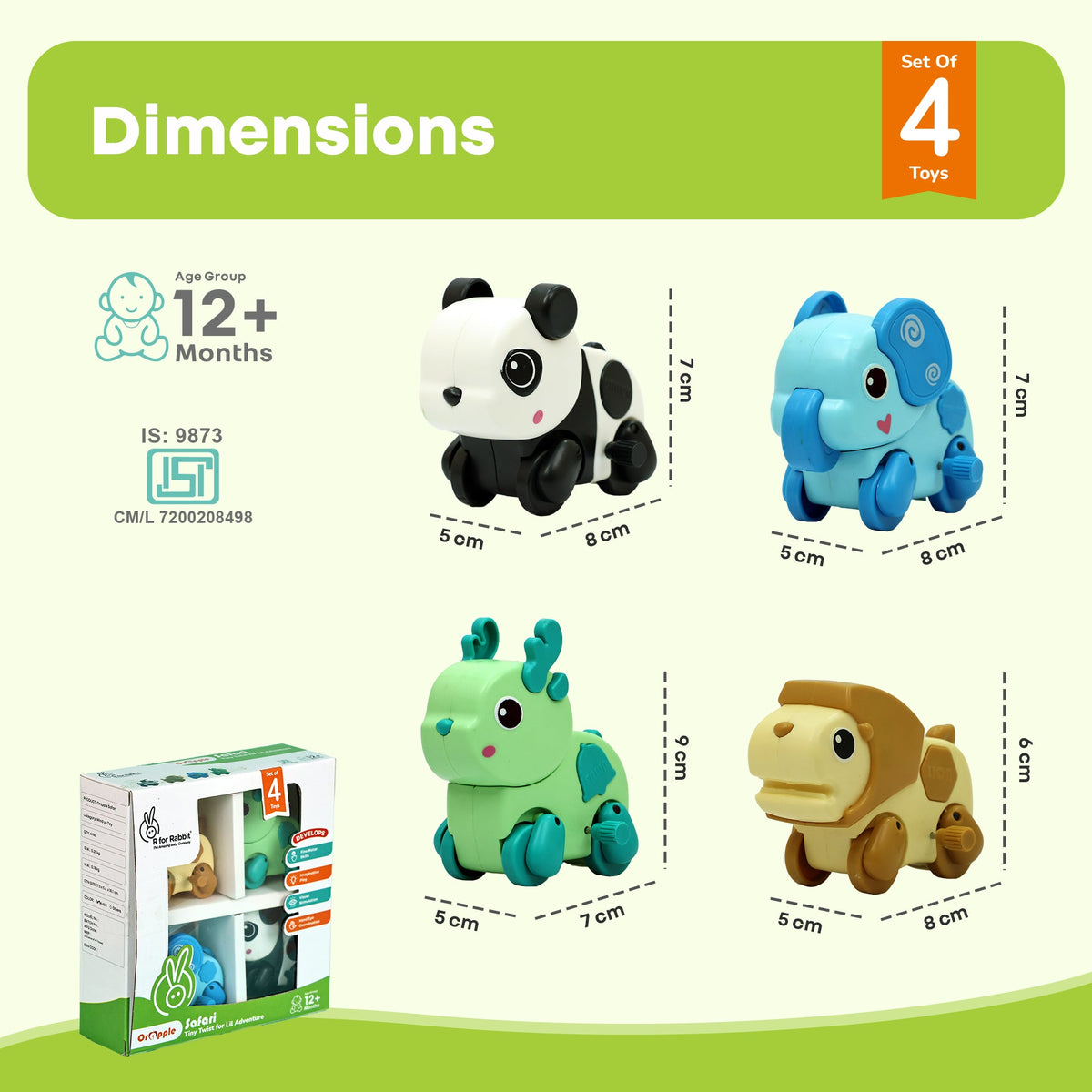 Orapple Safari - Set of 4 Windup Animal Toys for Babies (Panda, Lion, Elephant, Deer) - Multi 1