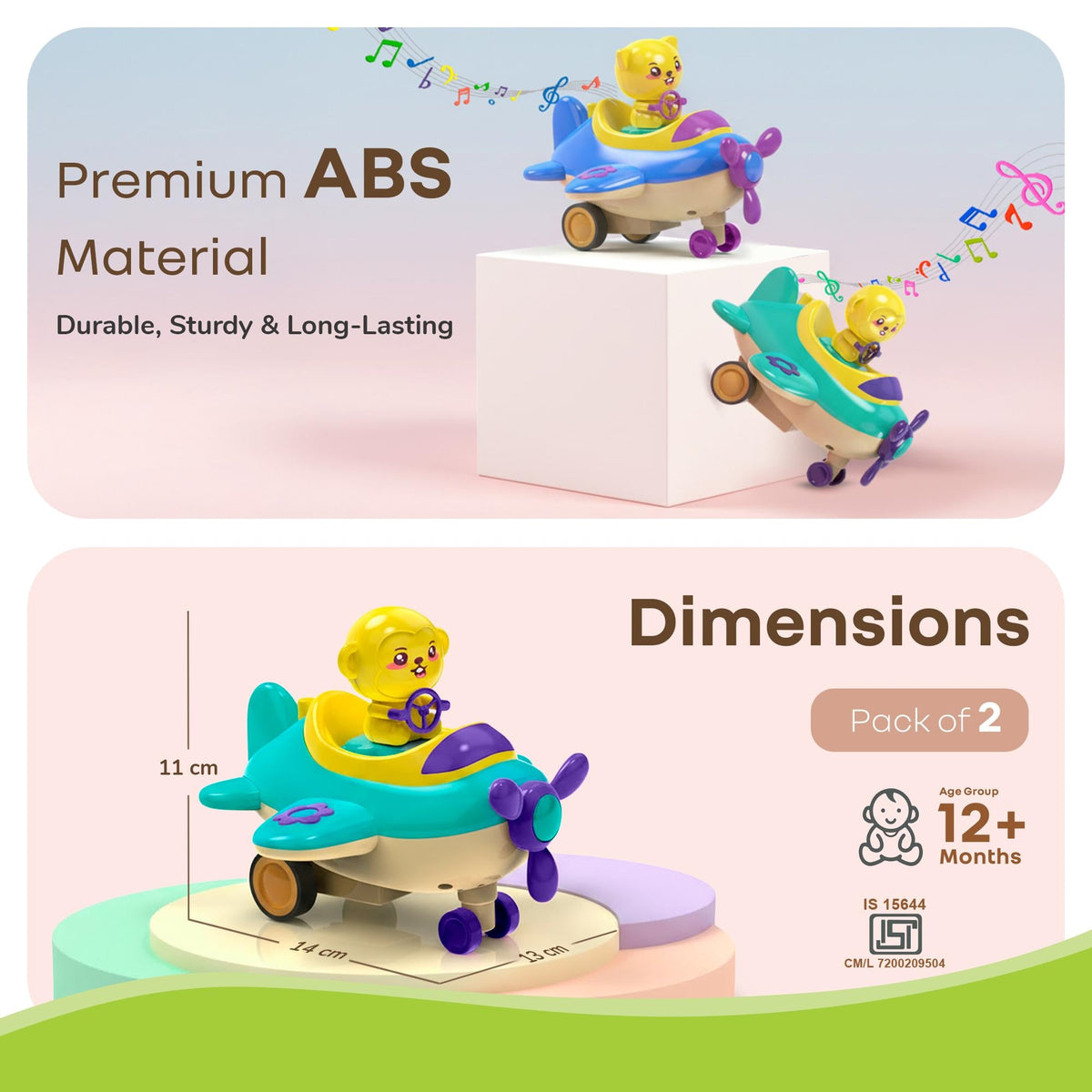 Orapple Aero Rider - BPA-Free, Non-Toxic Baby Airplane Push Toy with Lights & Music (Pack of 2) - Multi 1