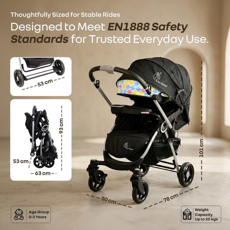 Chocolate Ride Stroller For Kids Reversible Handle, Multiple Recline Positions, Cup Holder with Meal Tray, 5 Point Safety Harness, Storage Basket - Black Multi