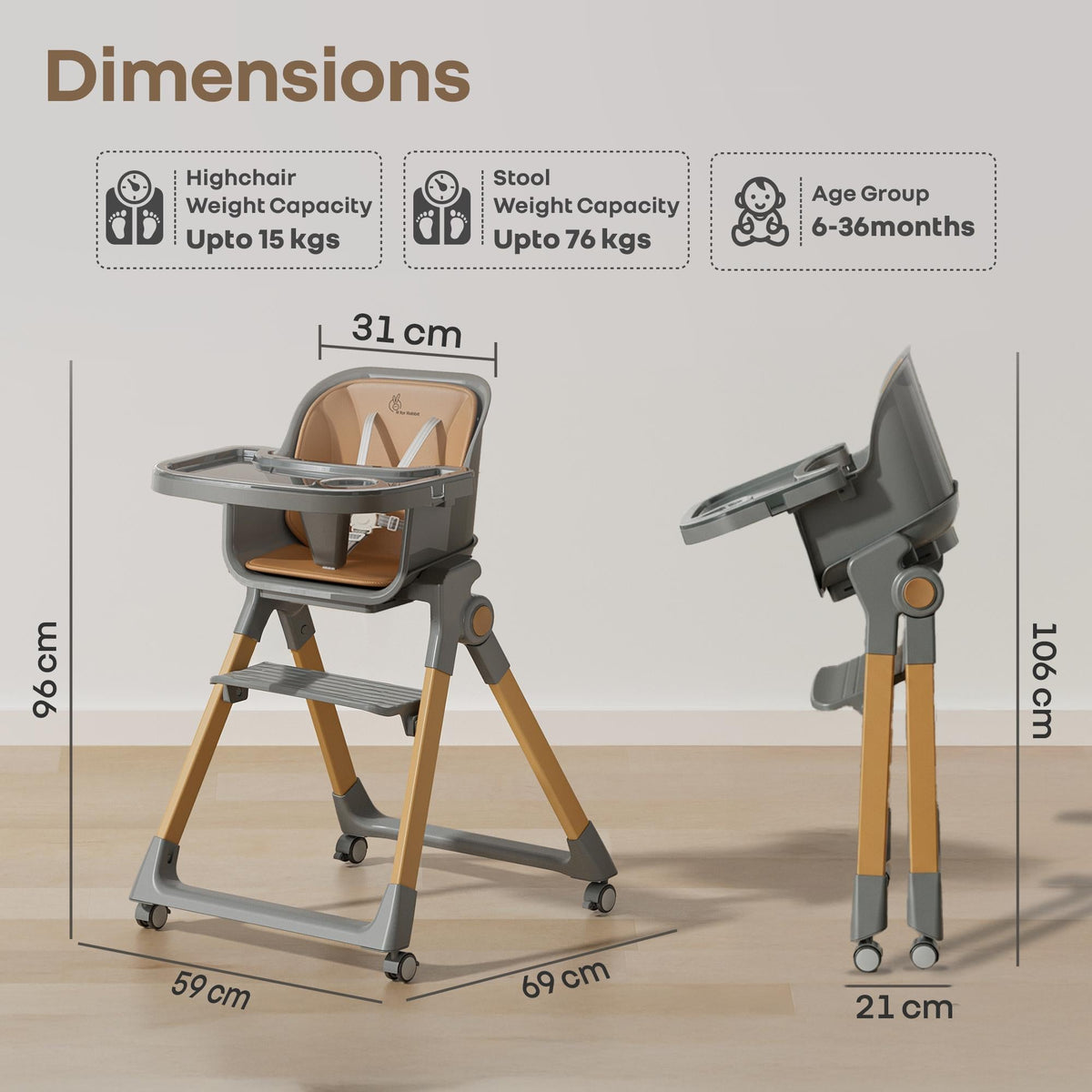 Walnut High Chair - 3 in 1 Convertible kids Highchair with Booster & Stool - Dark Grey