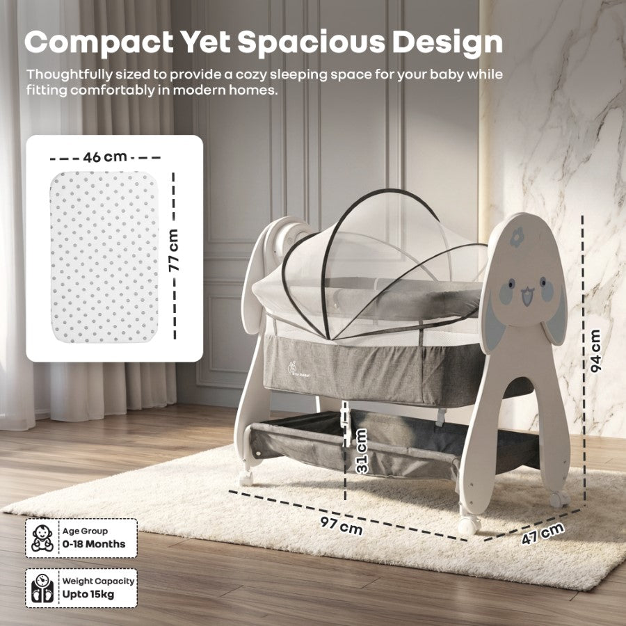 Lullabies Woodsy Bunny Smart Baby Cradle – 2-in-1 Auto Swing Cradle & Bedside Bassinet with Bluetooth Music, Timer, Plush Mattress, Mosquito Net & Storage Basket (0–18 Months) - Grey White