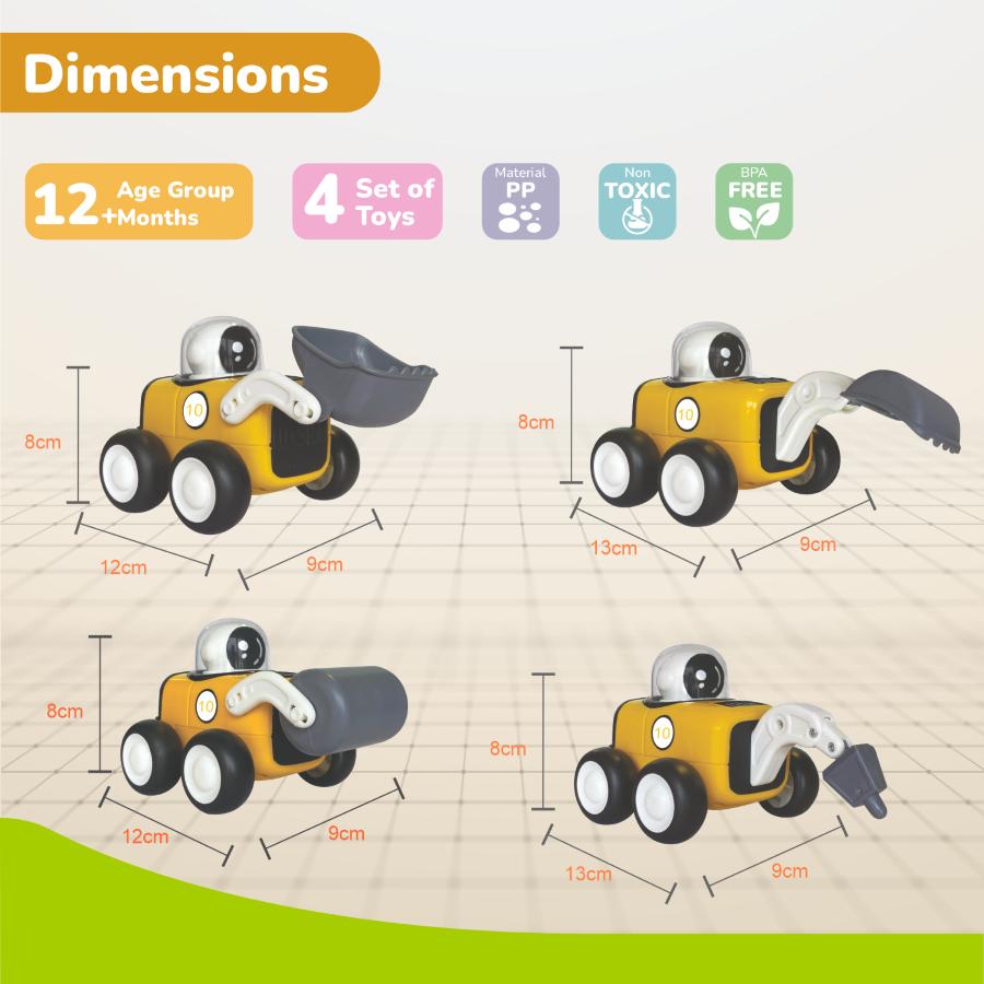 Orapple Rover 4-Piece Mini Construction Vehicle Set for Kids - Yellow Black