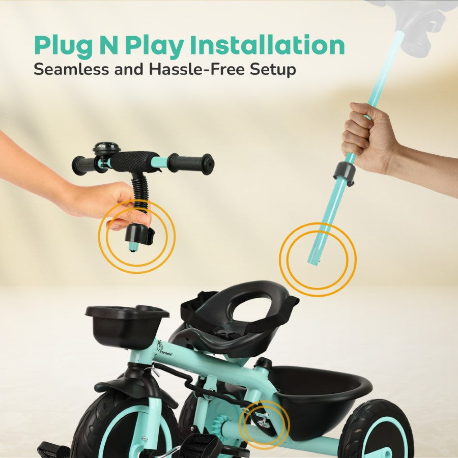 Tiny Toes R20 Plus Tricycle for Kids with Safety Certification, Plug-and-Play Design, Rubber Wheels & Steel Frame - Aqua Blue
