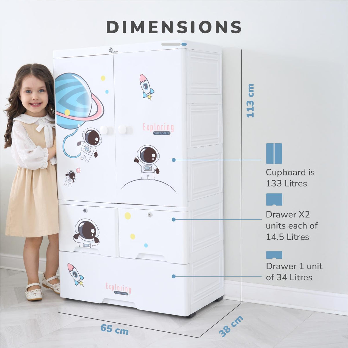Kiddo Korner Stellar Storage Organizer Cupboard For Kids With Rustproof Stainless Steel Rods - Astro White