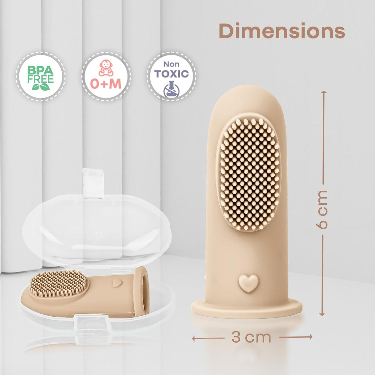 Tiny Smiles Gummy Baby Finger Brush, Food Grade Silicone Toothbrush, Gum Massager with Storage Case - Beige