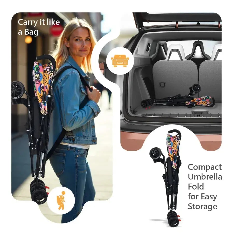 Pixie Buggy Stroller Easy to Fold and Store, UV Sun Protection Canopy, Rear Brakes, Storage Bag - Black Multi