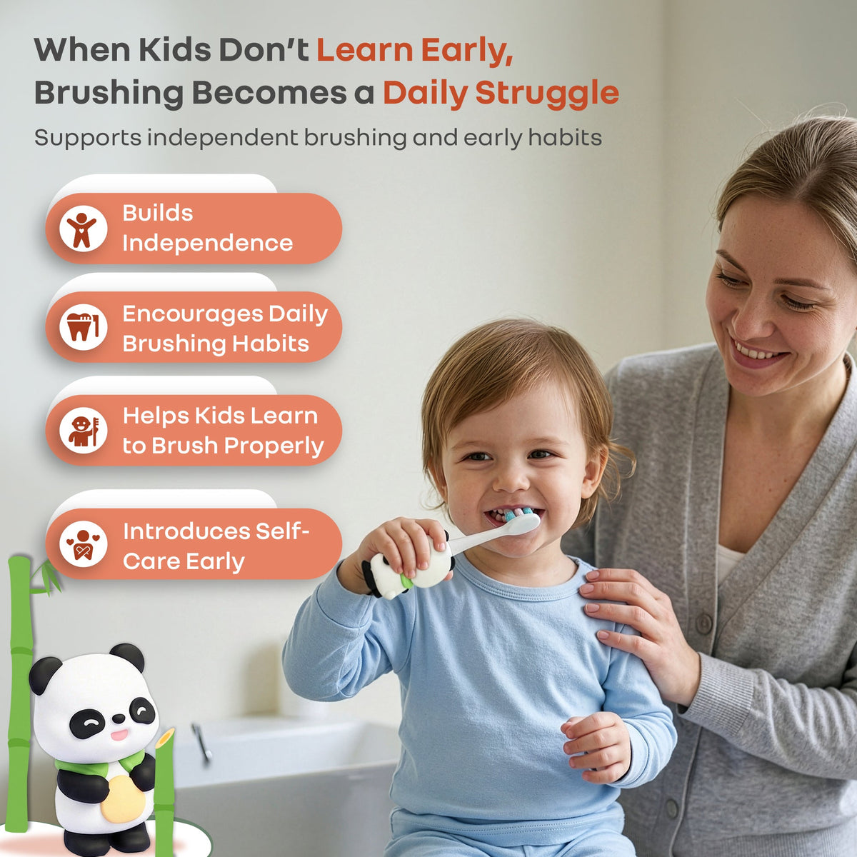 Tiny Smiles Panda Kids Toothbrush, Ultra Soft PBT Bristles Brush, BPA Free, Self-Standing with Travel Case - Black