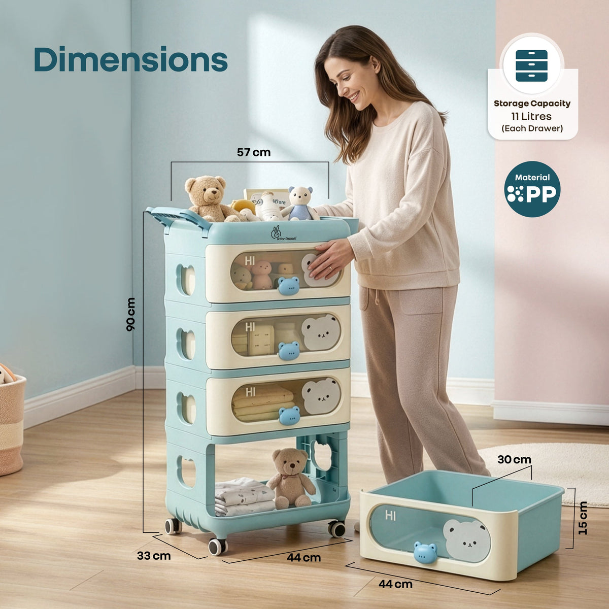 Kiddo Korner Bear Baby Storage Organizer with 3 Drawers, Open Storage, 360° Wheels & Detachable Basket - Blue Cream
