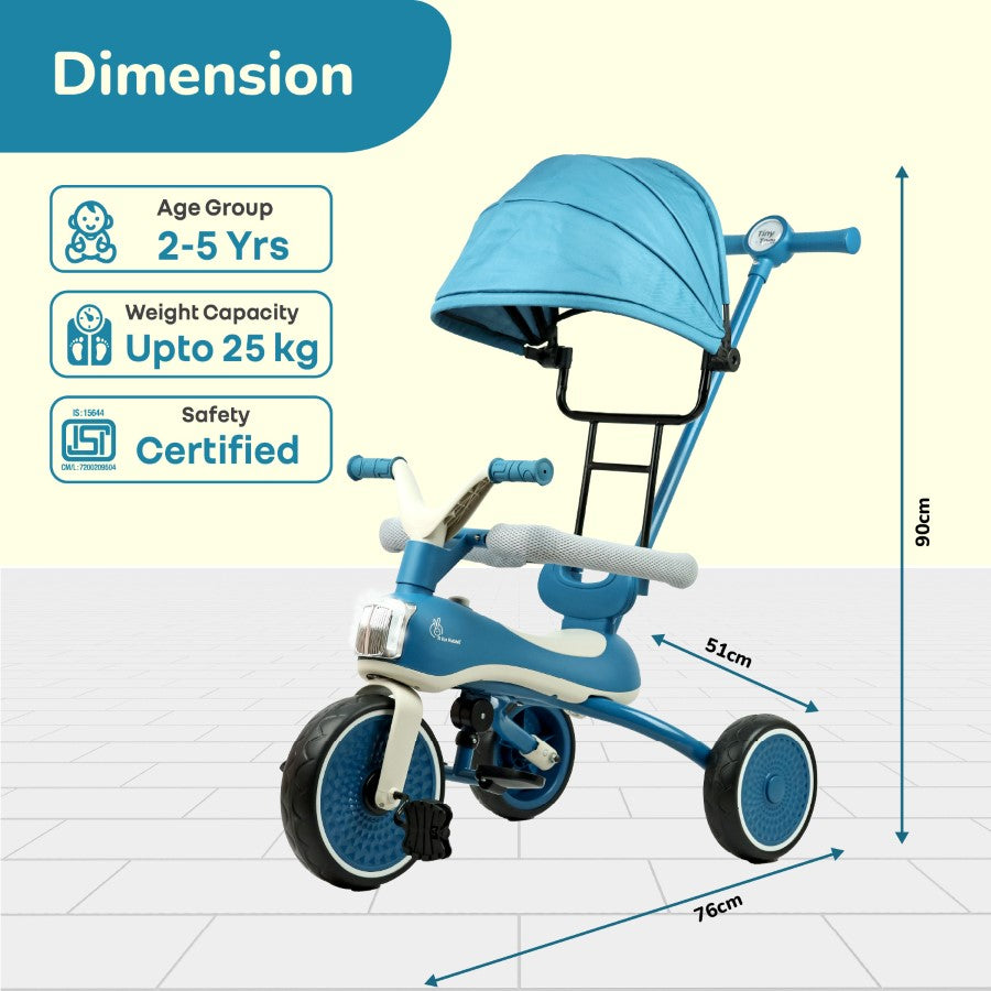 Tiny Toes Karizma - Luxury 3-in-1 Smart Tricycle for Kids 2 to 5 Years with Music & Canopy - Blue Grey