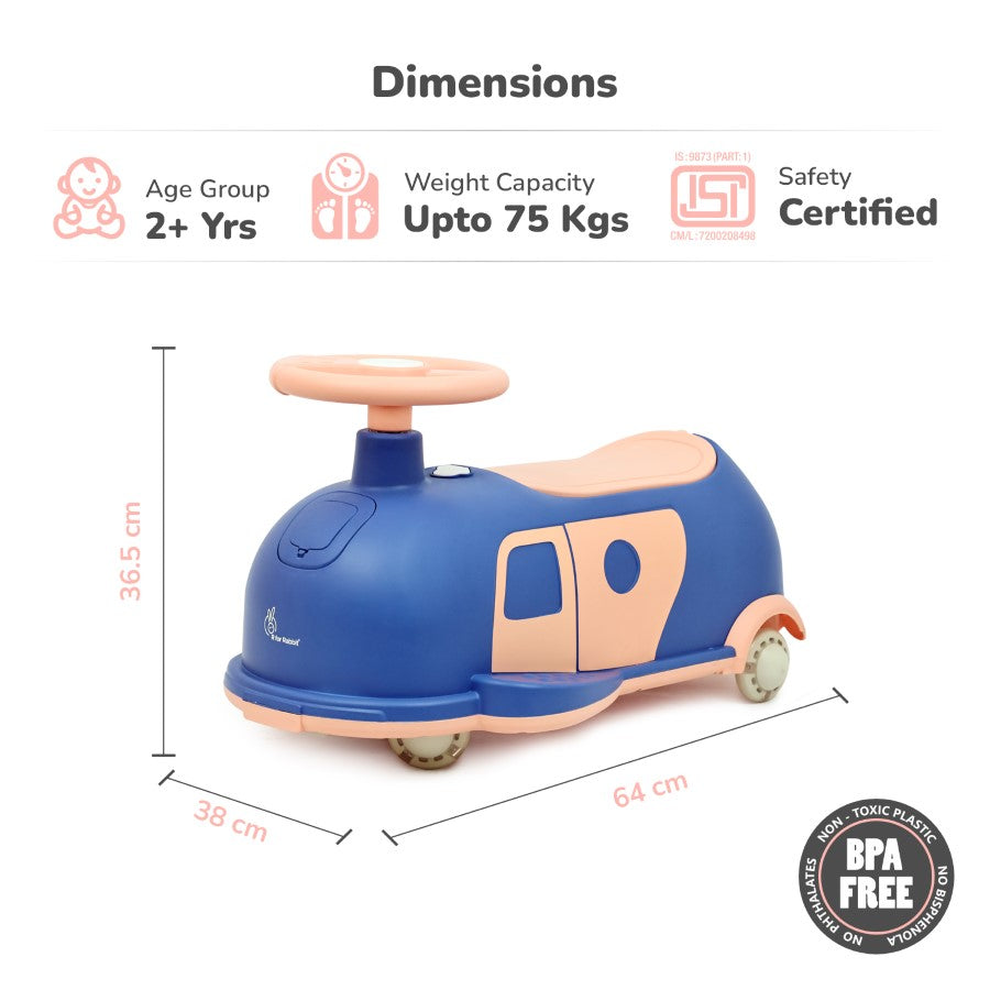 Iya Iya Caravan Swing car – 3-in-1 Multipurpose Ride-On with PU LED Wheels - Blue Peach