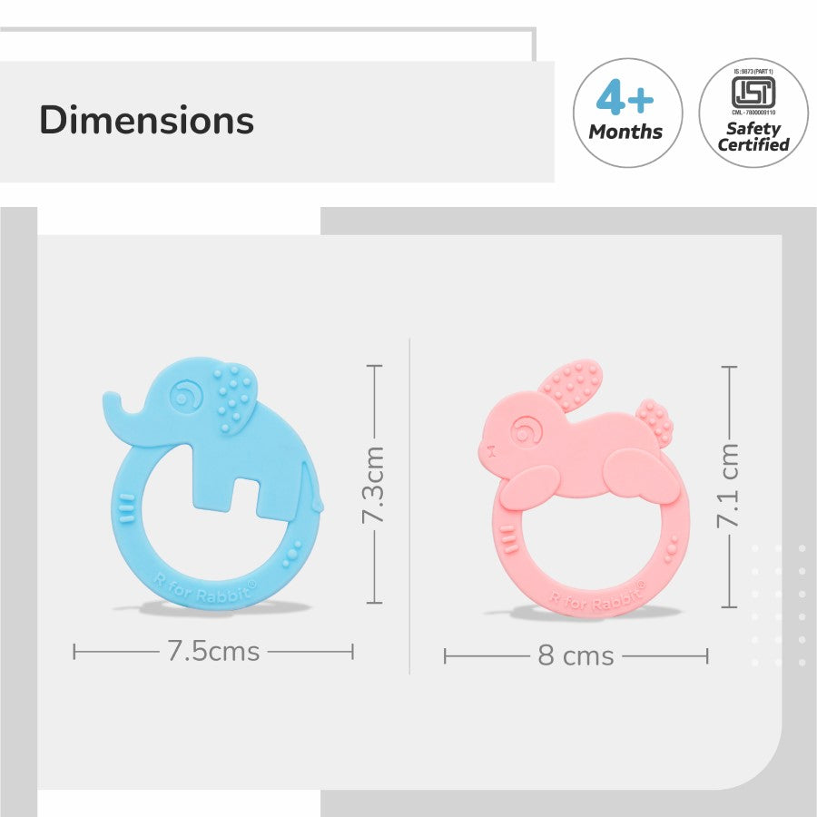 Tiny Bites Zoobie Baby Silicone Teethers Pack of 2 Elephant and Rabbit, Crocodile and Rabbit - Blue-Pink