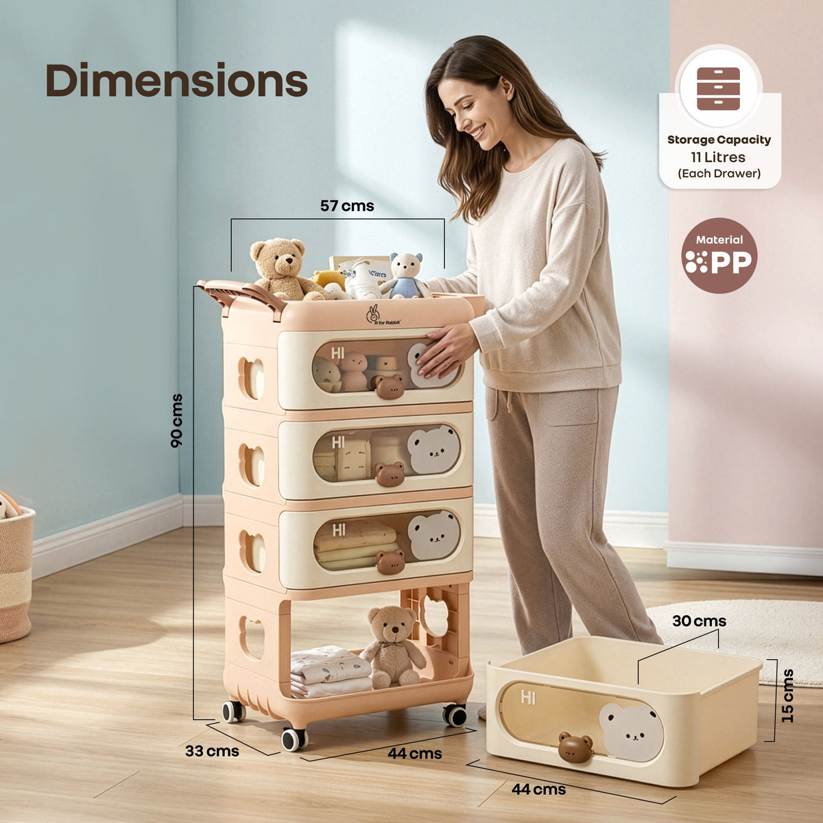 Kiddo Korner Bear Baby Storage Organizer with 3 Drawers, Open Storage, 360° Wheels & Detachable Basket - Brown Cream