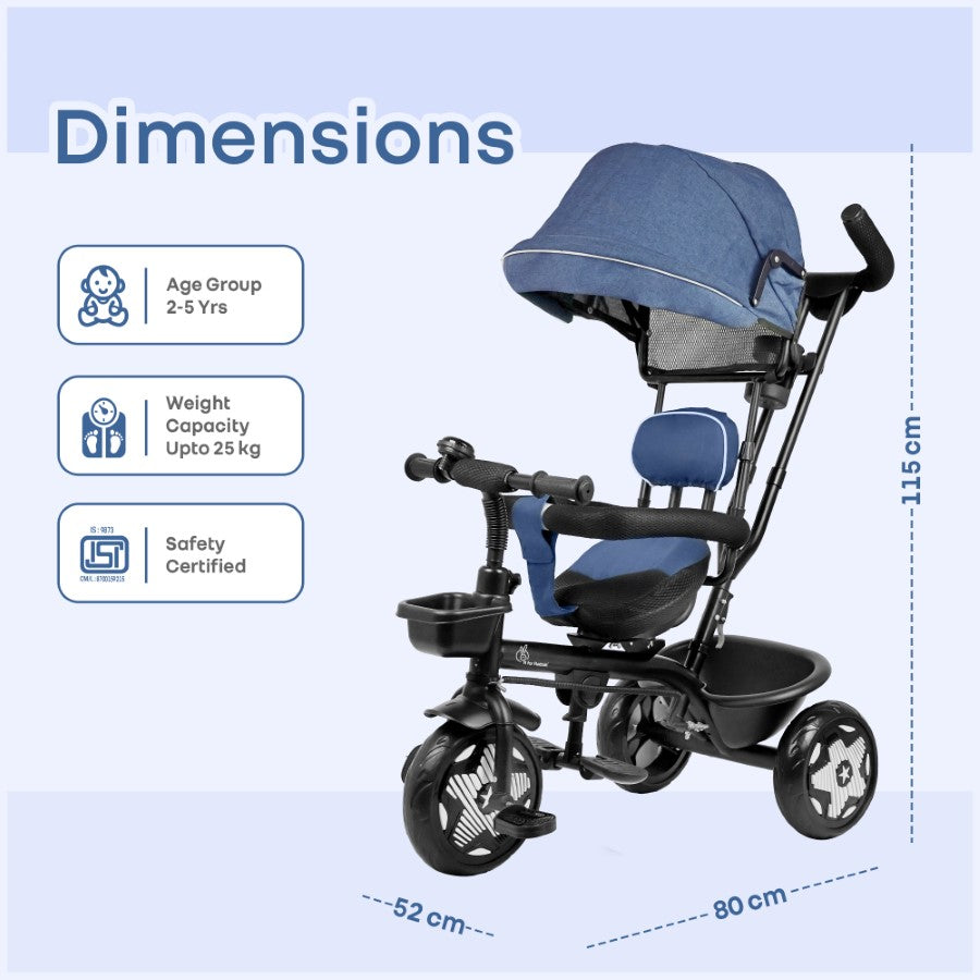 Tiny Toes R40 Ace 360° Rotatable Seat Baby Tricycle with Parent Control Handle, Adjustable Canopy & EVA Wheels (2–5 Years) - Denim Blue