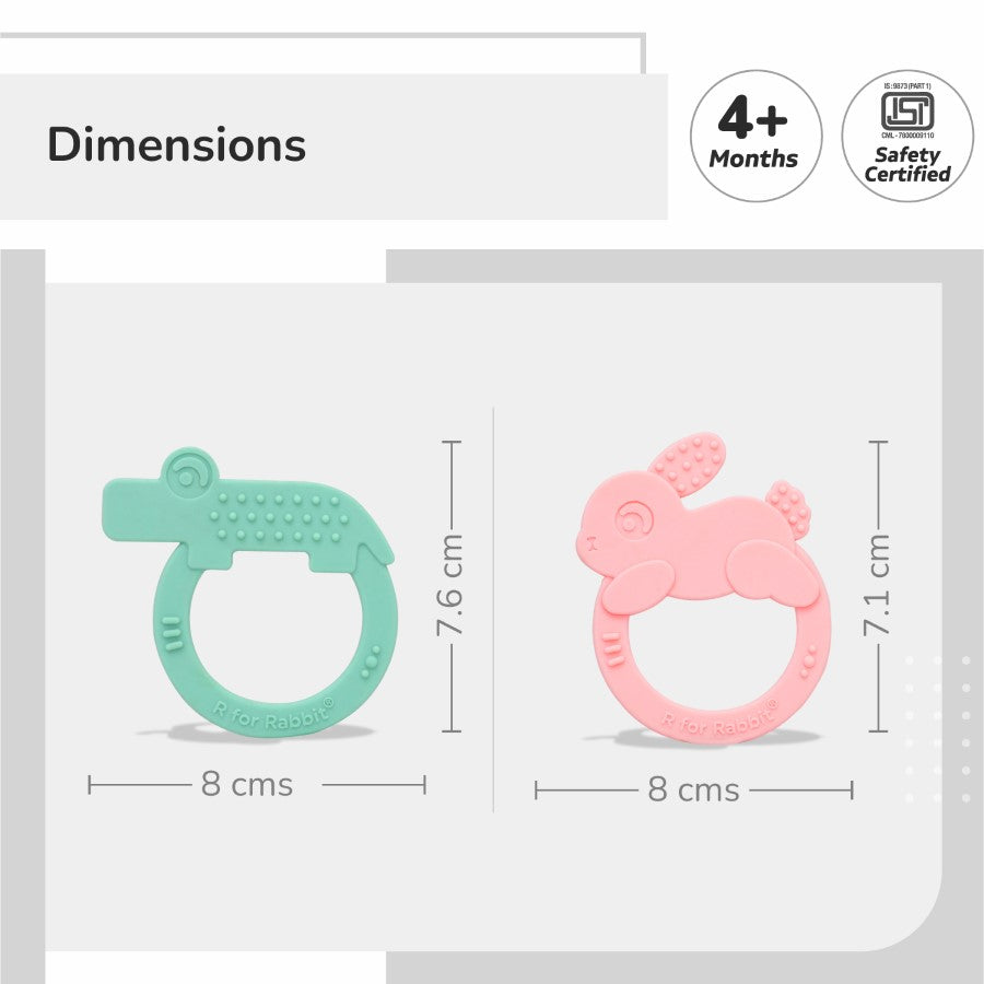 Tiny Bites Zoobie Baby Silicone Teethers Pack of 2 Elephant and Rabbit, Crocodile and Rabbit - Green-Pink
