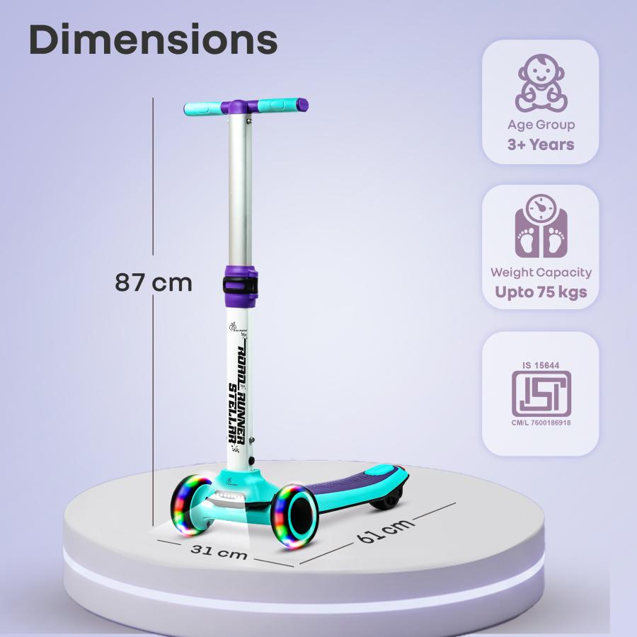 Road Runner Stellar - LED Scooter for Kids with Bluetooth Music, Adjustable Height & Smooth Ride - Green Purple