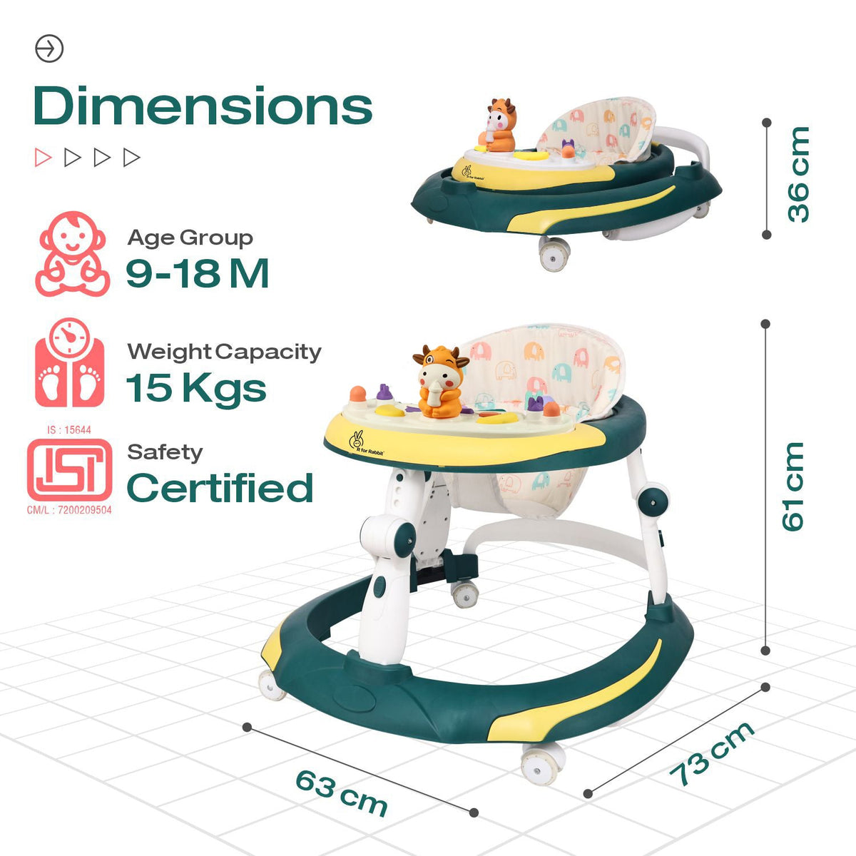 Little Feet Plus Walker - Detachable Toy Bar With Music & Light - Green Yellow