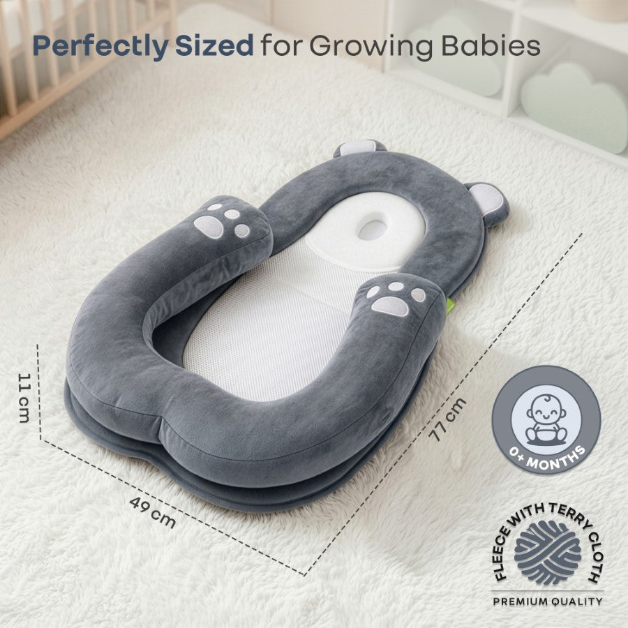 Snuggy Teddy Baby Lounger Nest - 4 in 1 Multipurpose Baby Bedding with Head Support Pillow, Plush Fabric, U-Shaped Cushion Design & Travel Friendly Baby Nest (0+ Months) - Grey