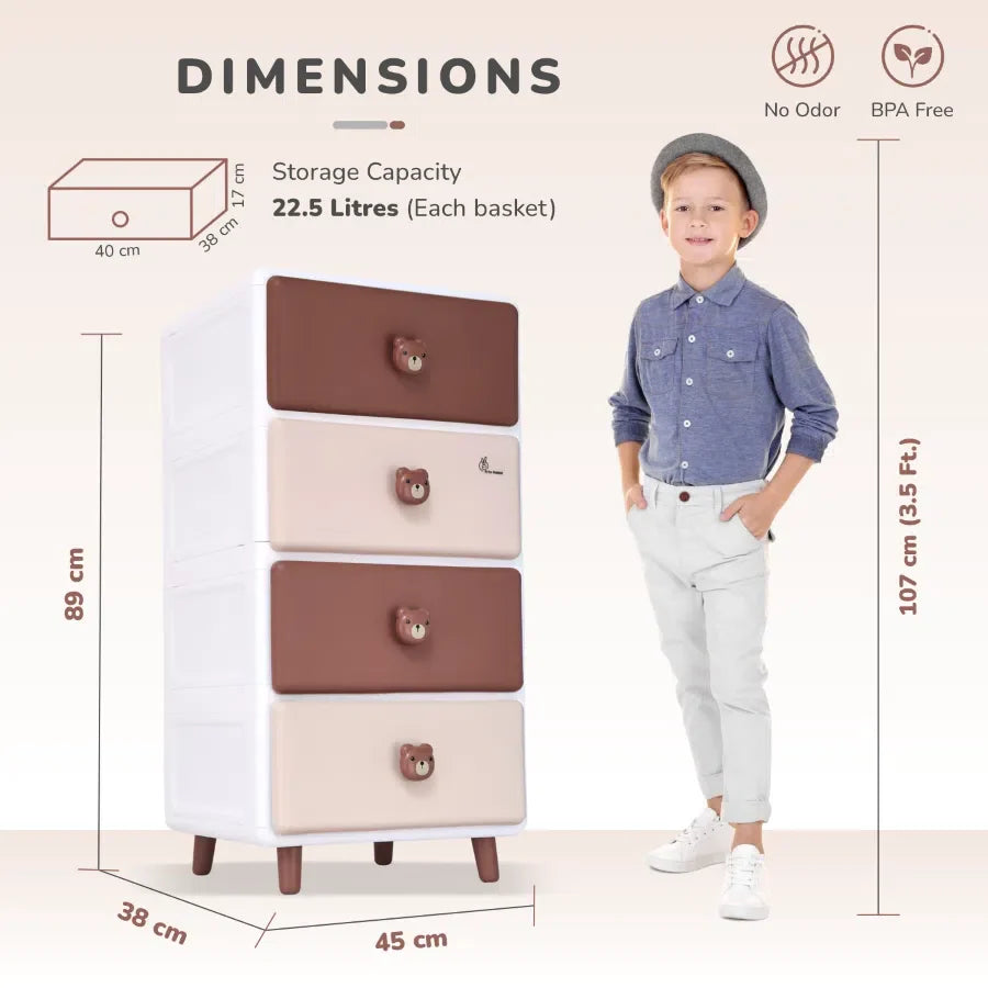 Kiddo Korner Teddy Storage Organizer For Kids With 4 Layers of Spacious Storage - Brown White
