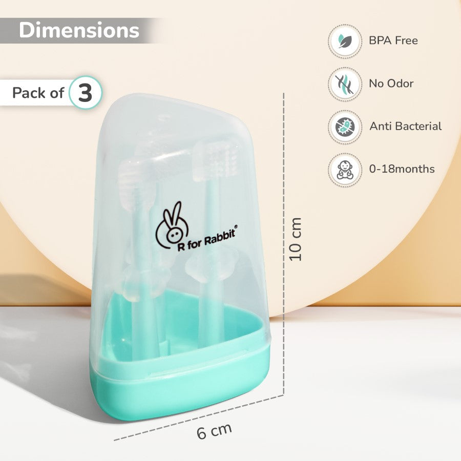 Tiny Smiles Pixie 3-in-1 Baby Toothbrush Set, BPA-Free Silicone, Gum Massager, U-Shaped & Toddler Brush - Lake Blue