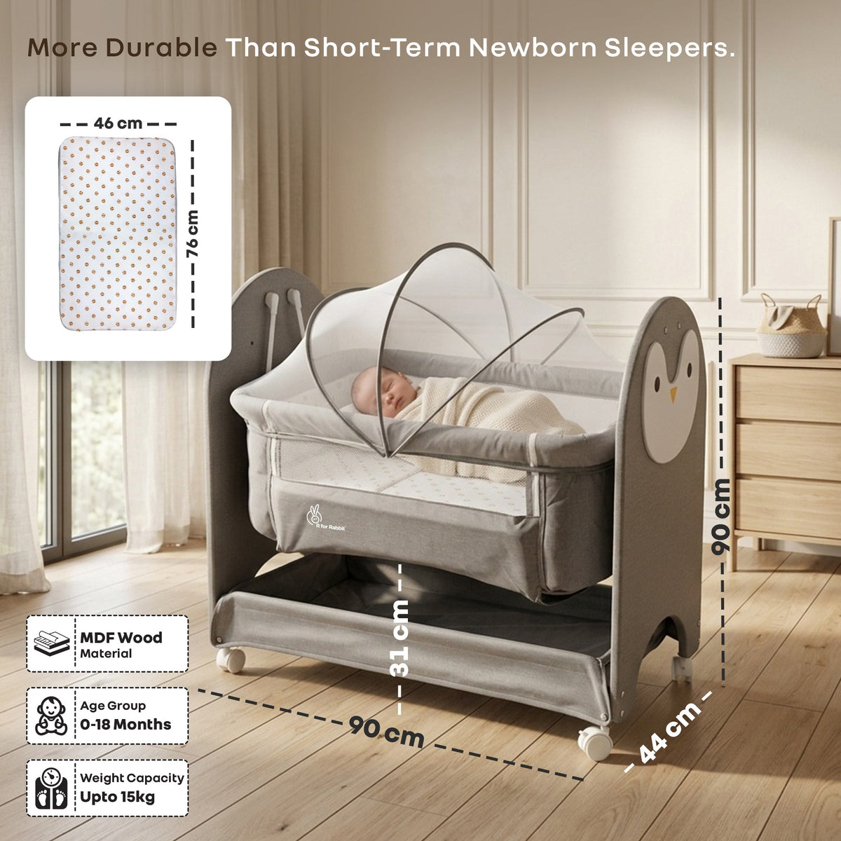 Lullabies Woodsy Snowy Baby Cradle, MDF Wood, 360° Wheels, Mosquito Net & Storage Basket - Grey White