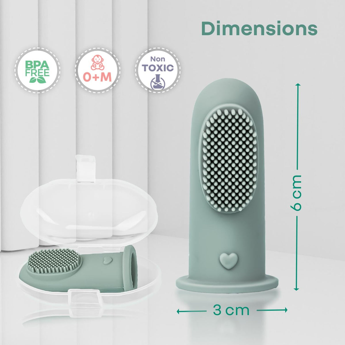 Tiny Smiles Gummy Baby Finger Brush, Food Grade Silicone Toothbrush, Gum Massager with Storage Case - Olive Green
