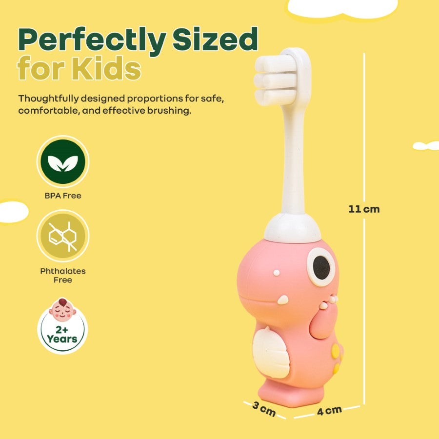 Tiny Smiles Dino Kids Toothbrush, Ultra-Soft Bristles for Gentle Oral Care, BPA-Free, Kids Brush for 2+ Years - Peach