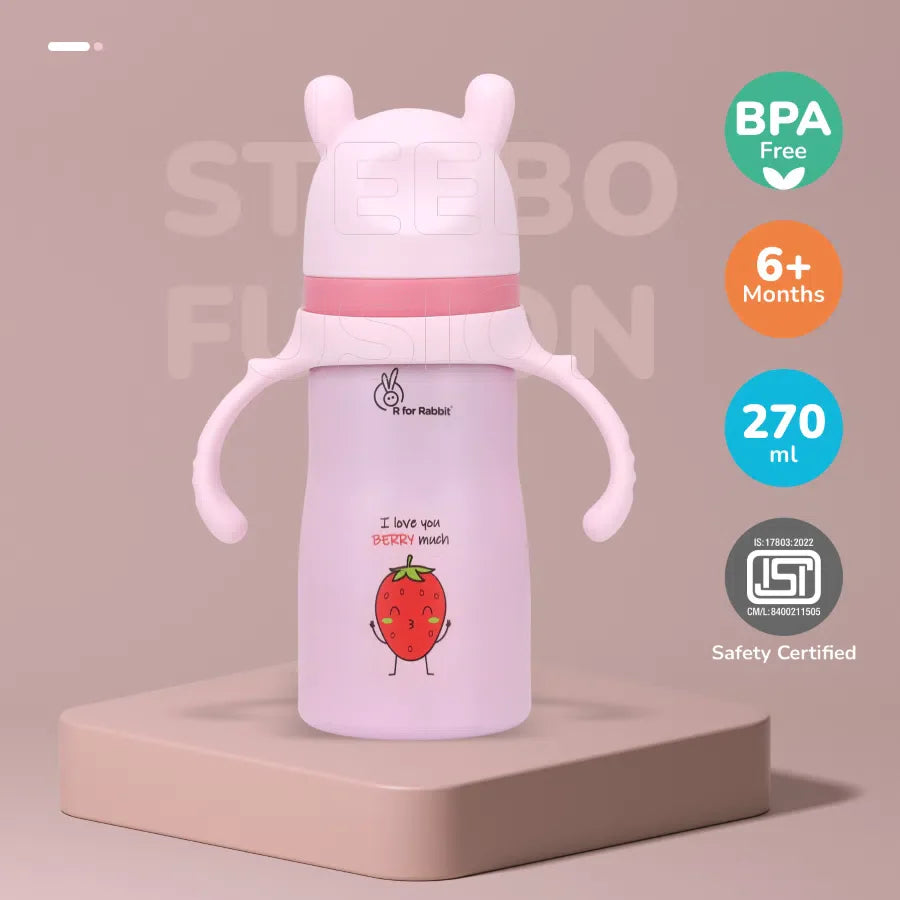 Steebo Fusion Spout Cup Stainless Steel Bottle For Kids, 270ml Leak Proof - Pink