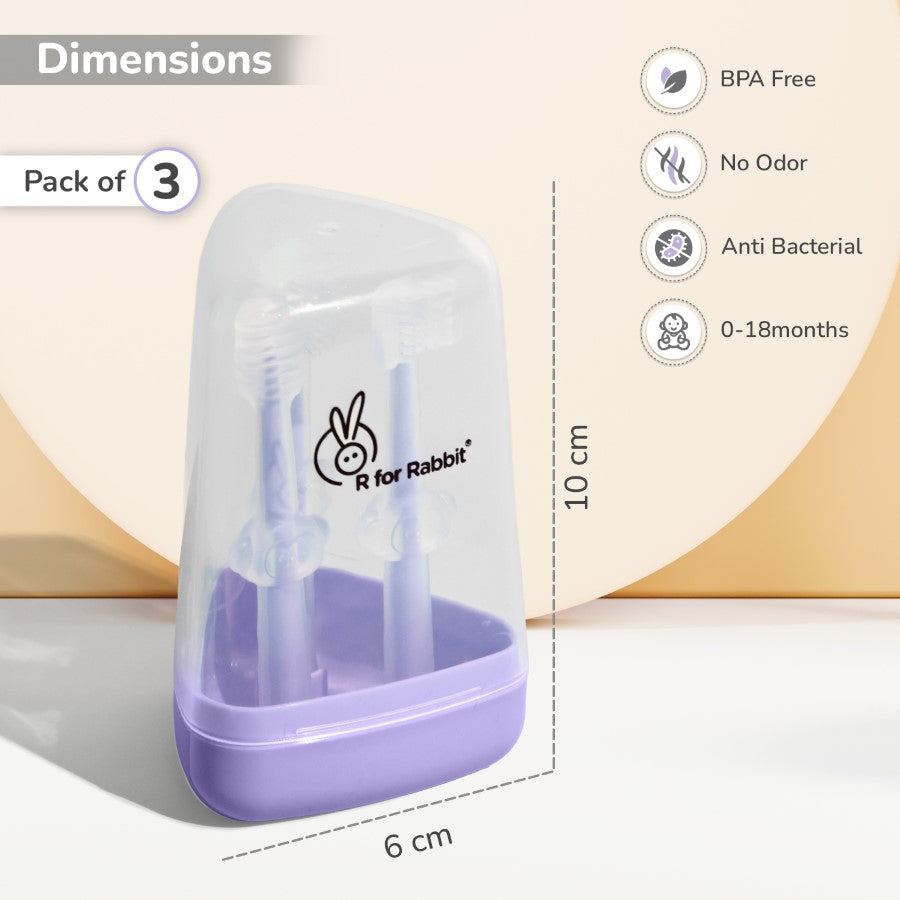 Tiny Smiles Pixie 3-in-1 Baby Toothbrush Set, BPA-Free Silicone, Gum Massager, U-Shaped & Toddler Brush - Purple