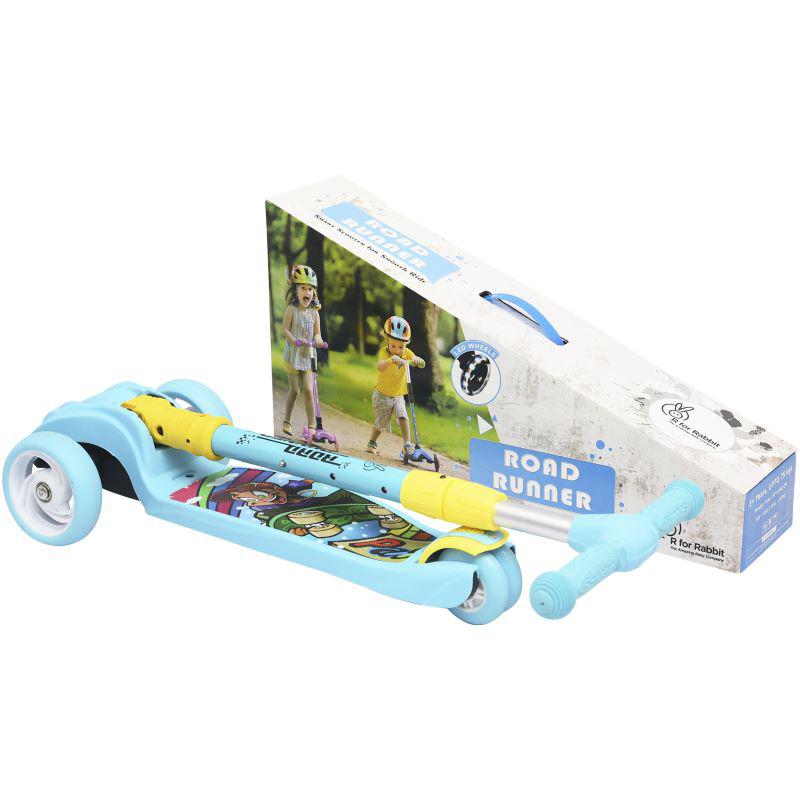 Road Runner Scooter For Kids - PU LED Wheels, 4 Level Height Adjustment, Anti Slip Deck, Safety Certified, 3-Wheel scooter, Easy use, 3-7years - Blue