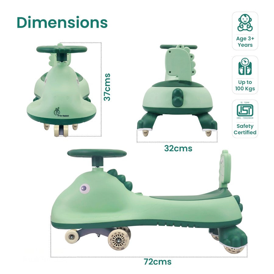 Iya Iya Dino Swing Car For Kids - Inbuilt Music With Light, PU LED Wheels, ABEC 7 Bearing, Up to 100 Kgs Capacity - Sea Green