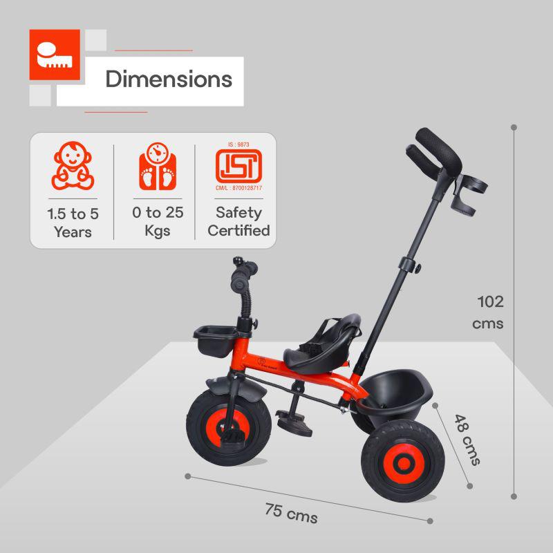 Tiny Toes T20 Plus Tricycle - 2 in 1, Rubber Wheels, Adjustable Parental Control, Cup Holder - Red