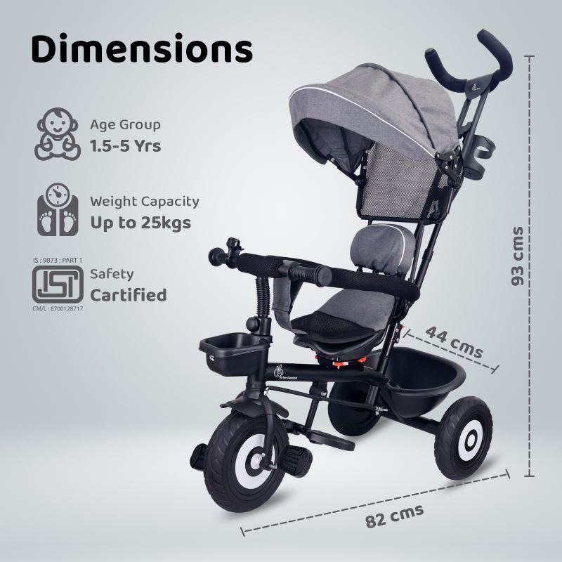 Tiny Toes T40 Plus Tricycle - Rubber Wheels, 360 Rotatable Seat, Adjustable Canopy, Parental Control, Front & Rear Baskets, 1.5-5 years - Grey Black