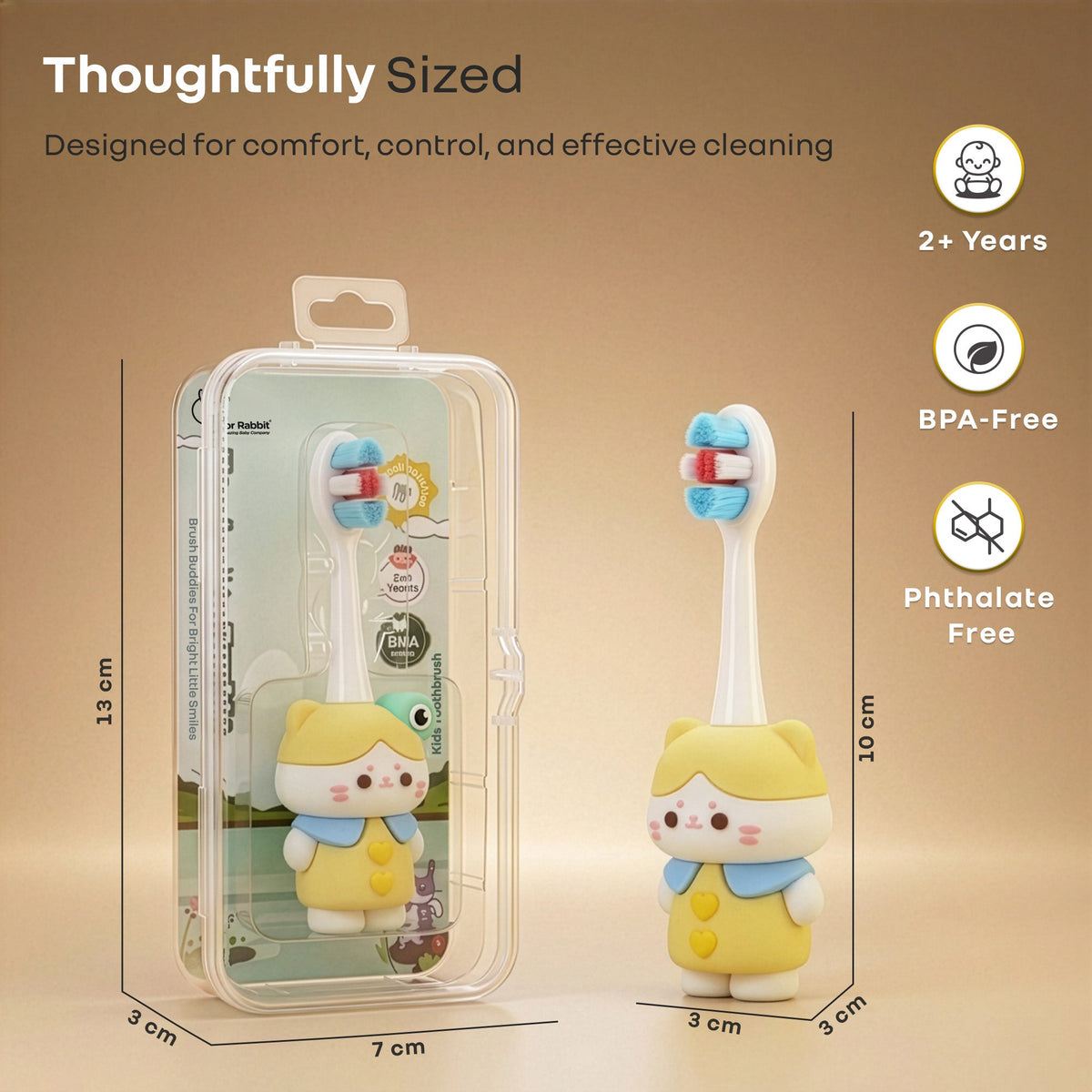 Tiny Smiles Zoobie Kids Toothbrush for 2+ Years, Ultra-Soft PBT Bristles, Self-Standing Animal Design Brush - Yellow Kitty