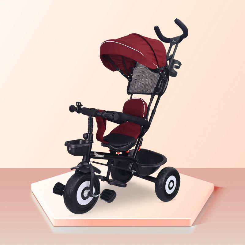 Tiny Toes T40 Ace Tricycle - EVA Wheels, 360 Rotatable Seat, Adjustable Canopy, Parental Control, Front & Rear Baskets - Maroon Black