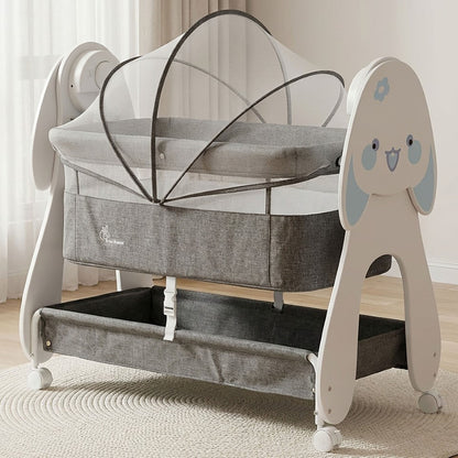 Lullabies Woodsy Bunny Smart Baby Cradle – 2-in-1 Auto Swing Cradle & Bedside Bassinet with Bluetooth Music, Timer, Plush Mattress, Mosquito Net & Storage Basket (0–18 Months) - Grey White
