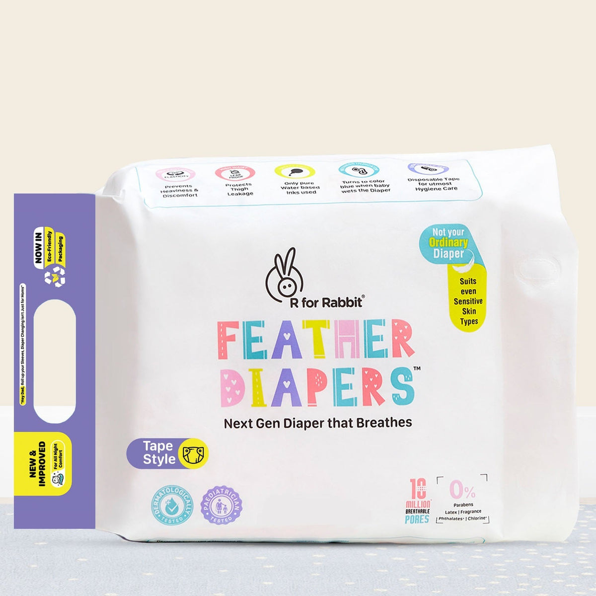 Feather Diapers Taped Style - Next Gen Baby Diapers that Breathes, Dermatologically tested, sensitive skin suitable, Chemical-free, Leak-Proof