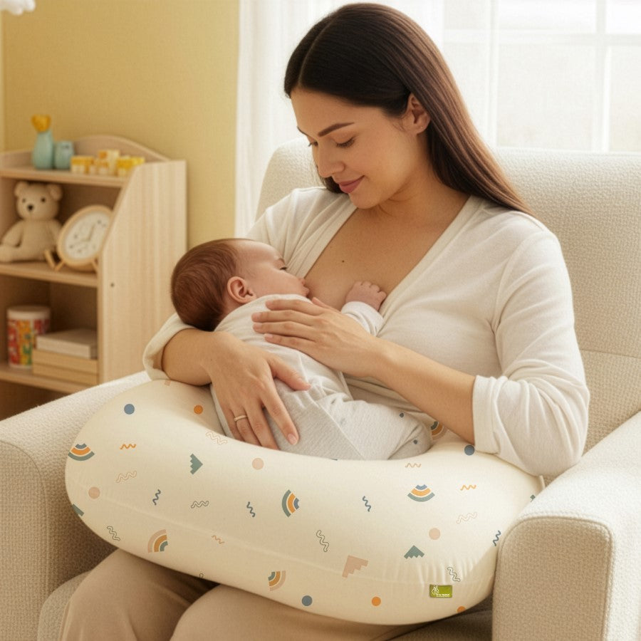 Snuggy Comfy Baby Feeding Pillow for Newborn Babies 0+ Months, Ergonomic Cotton Nursing Pillow with Tummy Time & Sitting Support - Abstract Beige