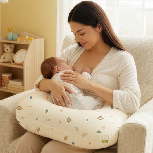 Snuggy Comfy Baby Feeding Pillow for Newborn Babies 0+ Months, Ergonomic Cotton Nursing Pillow with Tummy Time & Sitting Support - Abstract Beige