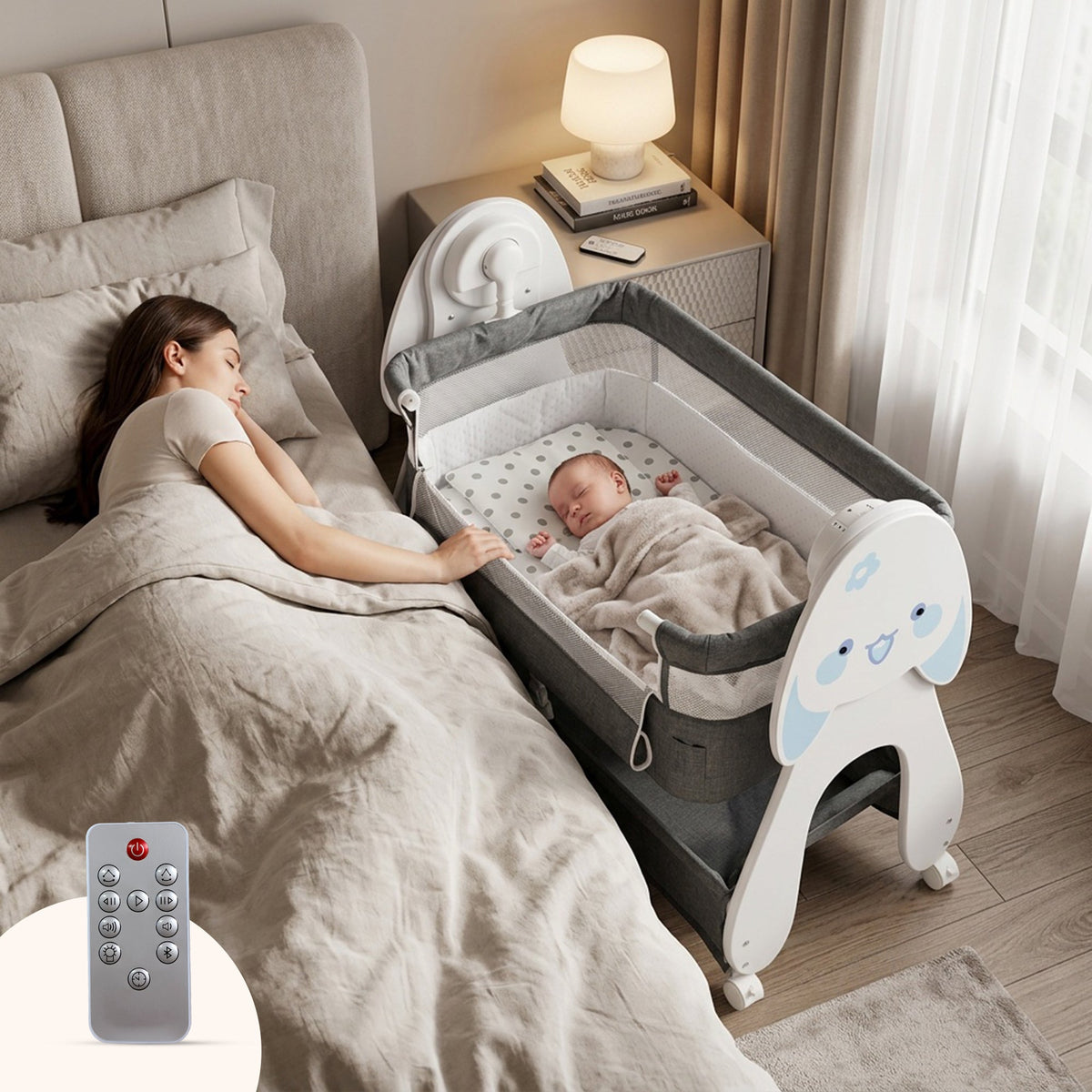 Lullabies Woodsy Bunny Smart Baby Cradle – 2-in-1 Auto Swing Cradle & Bedside Bassinet with Bluetooth Music, Timer, Plush Mattress, Mosquito Net & Storage Basket (0–18 Months) - Grey White