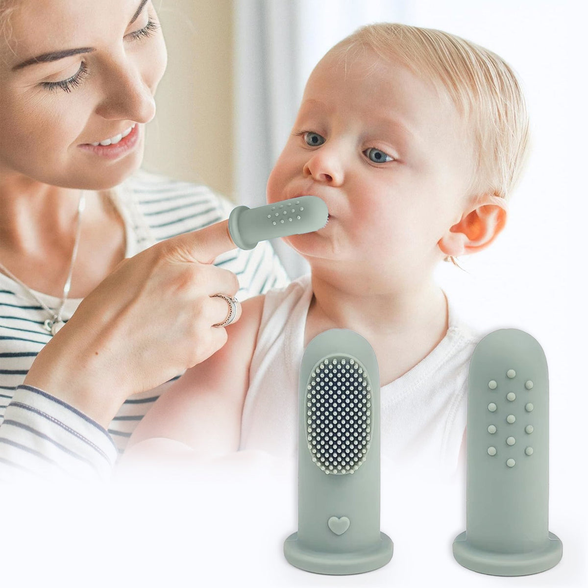 Tiny Smiles Gummy Baby Finger Brush, Food Grade Silicone Toothbrush, Gum Massager with Storage Case - Olive Green