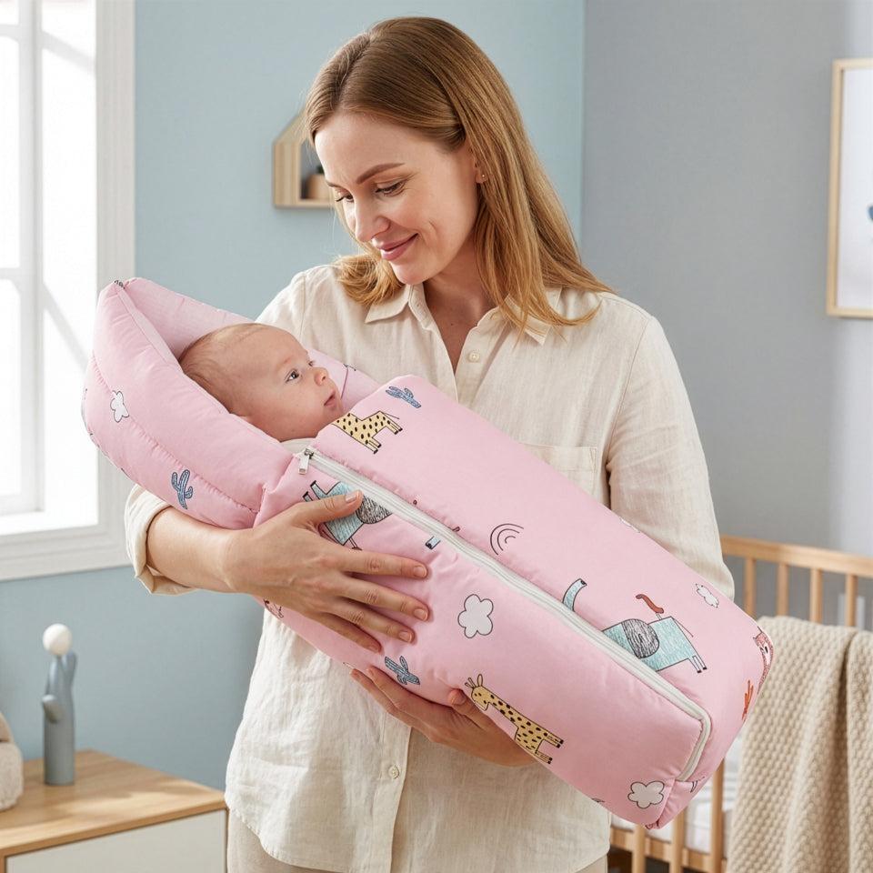 Snuggy Baby Bed - Easy to Carry, Convertible, High Quality Zip, 100% Natural Cotton - Blush Pink