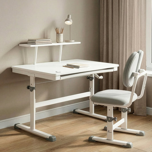 Kiddie Grow Edge Kids Study Table & Chair Set 3-15 Years, Adjustable Height, Storage Drawer & Bookshelf - White Grey
