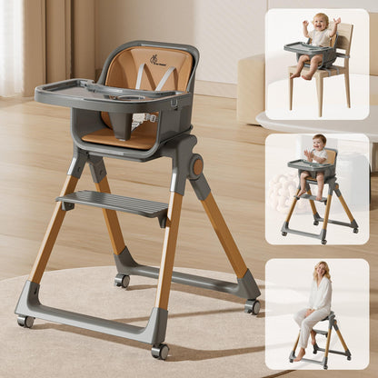 Walnut High Chair - 3 in 1 Convertible kids Highchair with Booster & Stool - Dark Grey