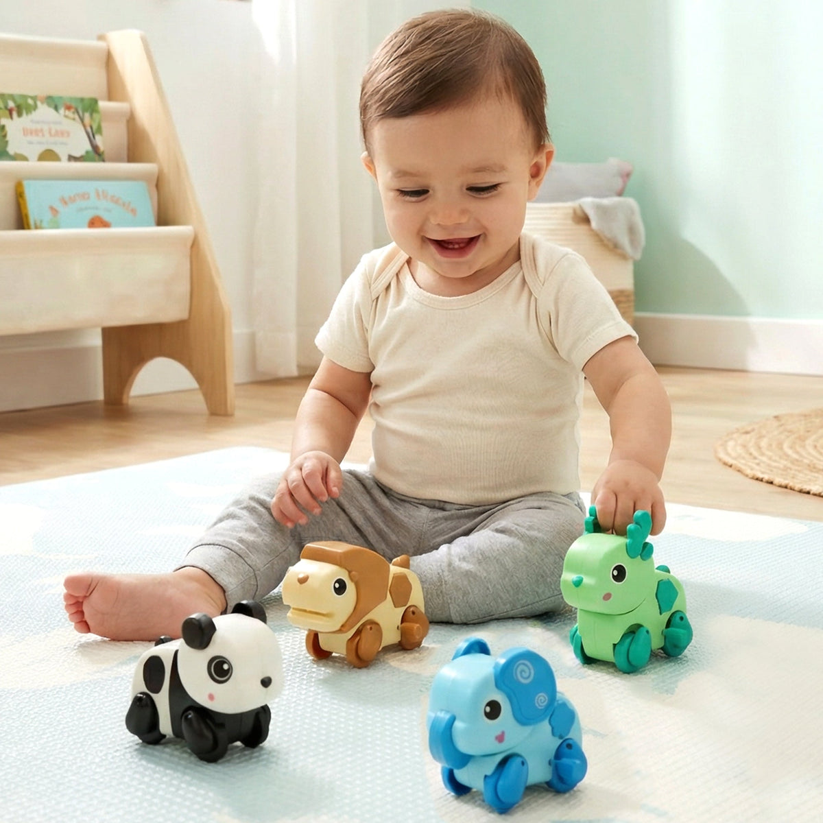 Orapple Safari - Set of 4 Windup Animal Toys for Babies (Panda, Lion, Elephant, Deer) - Multi 1