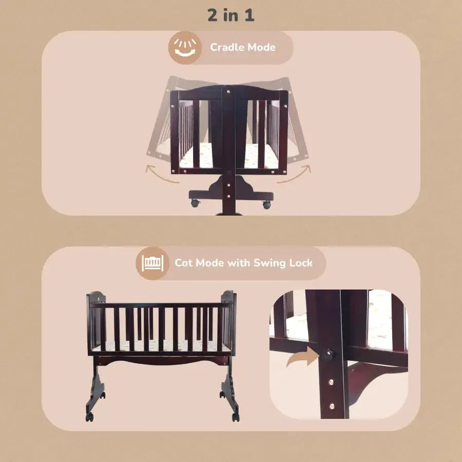 Dream Time Wooden Cradle - Swing & Wheel Lock, High Quality Pine Wood, Scratch Resistant - Brown