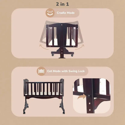 Dream Time Wooden Cradle - Swing & Wheel Lock, High Quality Pine Wood, Scratch Resistant - Brown