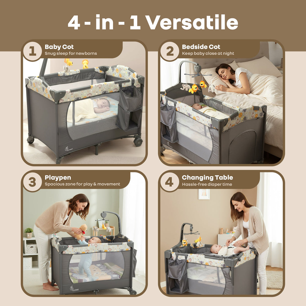 Hide N Seek Multiplay Cot - Convertible Baby Cot with Diaper Changer, Playpen & Travel Bag - Black Multi