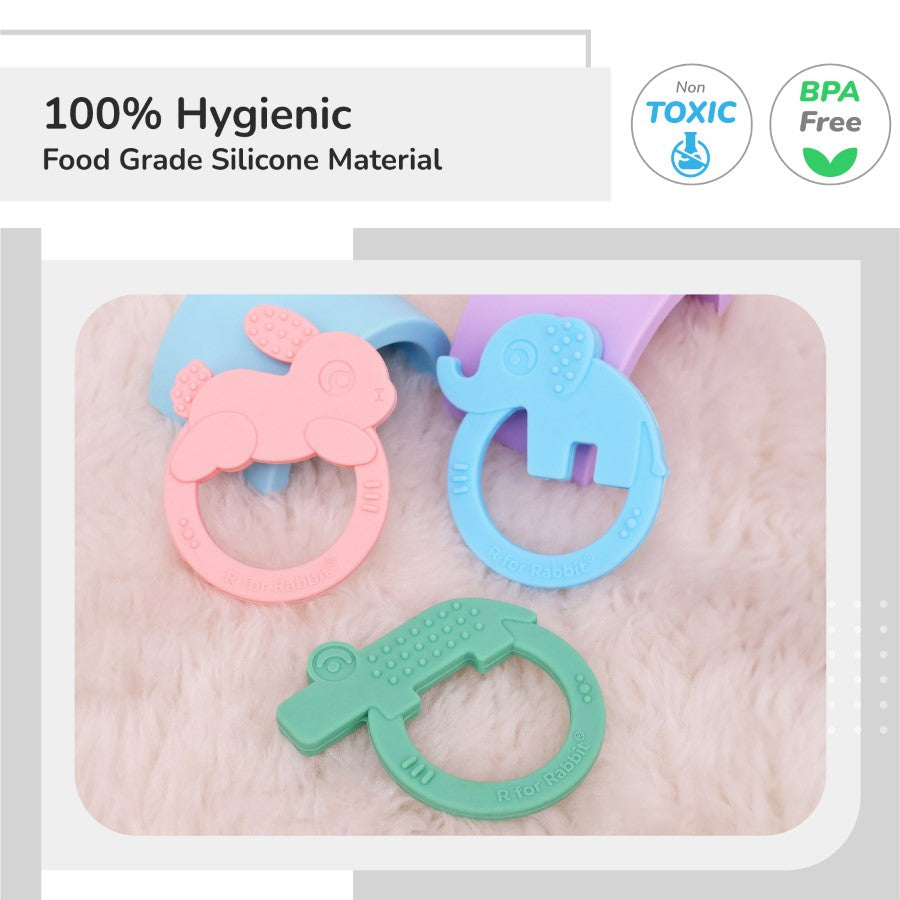 Tiny Bites Zoobie Baby Silicone Teethers Pack of 3 Crocodile, Rabbit, and Elephant - Green-Pink-Blue