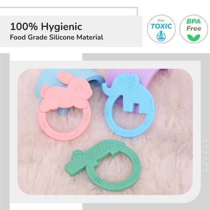 Tiny Bites Zoobie Baby Silicone Teethers Pack of 3 Crocodile, Rabbit, and Elephant - Green-Pink-Blue